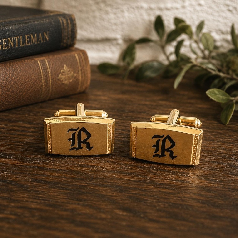 Vintage Hickok Cufflinks - Gold Tone Monogram R - Old English Initial - 1970s